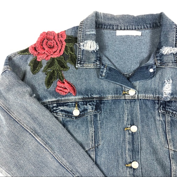 Women’s Distressed Floral Appliqués Denim Jacket L - Picture 4 of 16